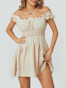 Women Flowy Pirate Dress Fairy Short Sleeve Y2k Off Shoulder Ruffle Corset Mini Dresses - 杏色 - 查看 6