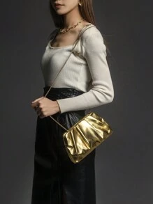 Dancing Engine 奢华设计师单肩包，PU皮革手拿包，女士手提包，优雅女士包 - 金色 - 查看 5