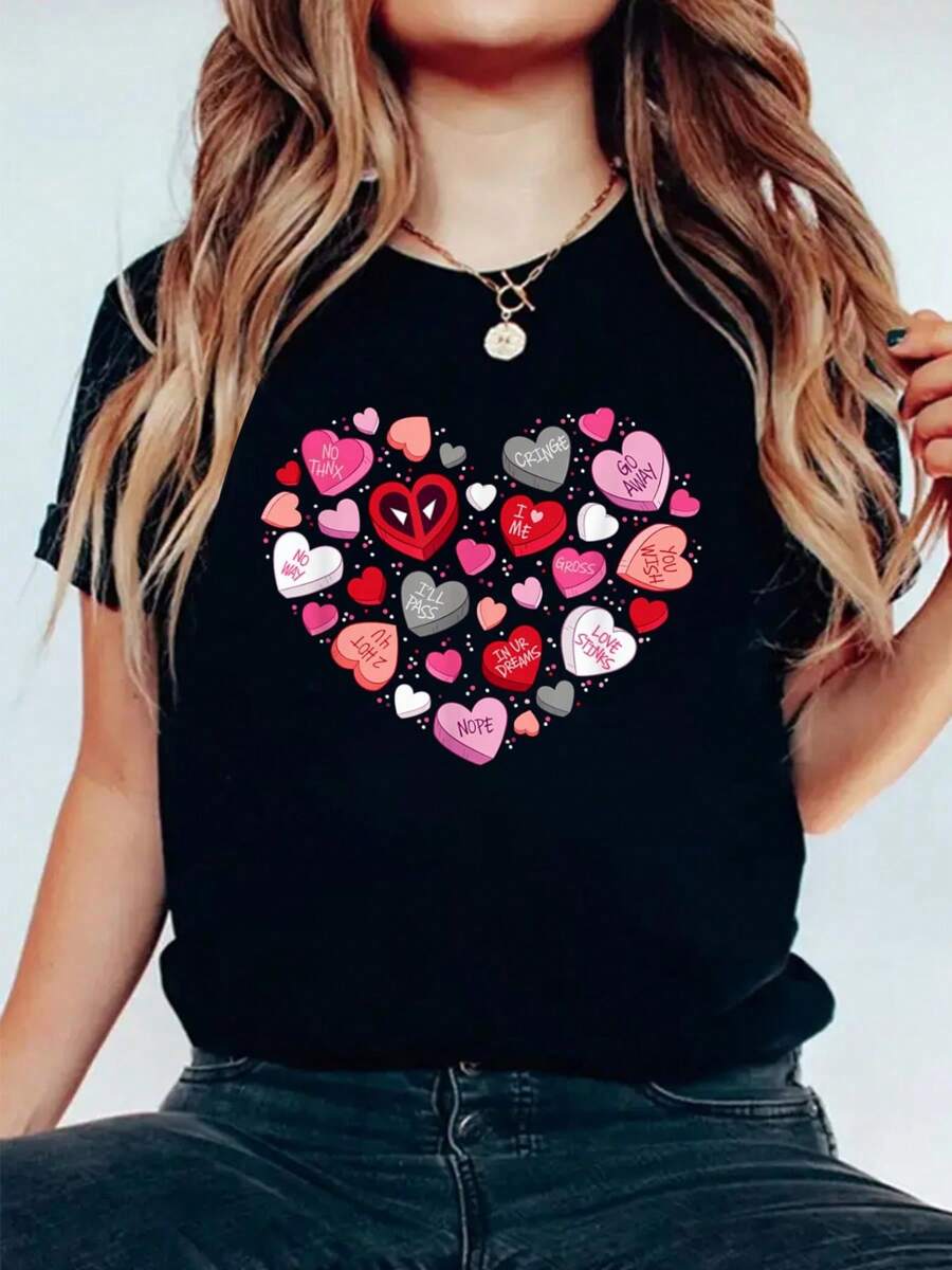 Valentine's Day Deadpool Anti-Love Candy Hearts T-Shirt Print Cotton T-Shirt For Summer, Women's Soft Short Sleeve Top, Stylish Comfy Tee For Women Graphic Tees - Black - View 1