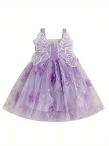 Vestido sin mangas para niñas pequeñas, de verano, con flores 3D, bonito vestido de tul con alas de mariposa para fiestas en la playa, ropa bonita. - Morado - Ver 1