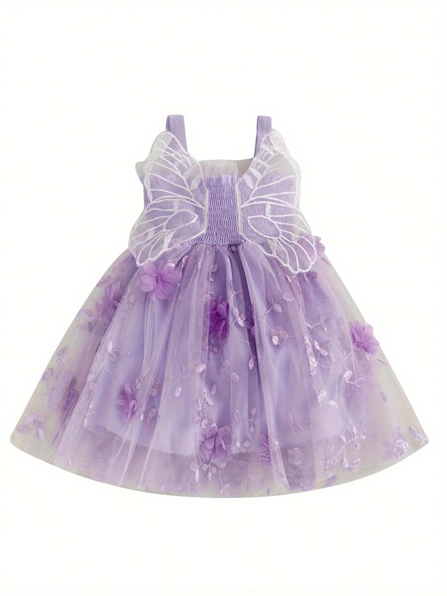 Vestido sin mangas para niñas pequeñas, de verano, con flores 3D, bonito vestido de tul con alas de mariposa para fiestas en la playa, ropa bonita. - Morado - Ver 1
