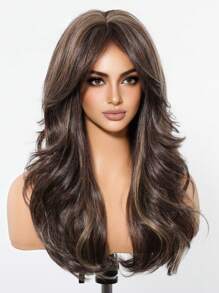 24 Inch Long Wavy Wigs With Bangs Dark Roots Brown Wigs For Women Brown Ombre Hair With Blonde Wigs,Heat-Resistant Synthetic Wigs For Daily Party Cosplay Wigs - 挑染棕色 - 查看 4
