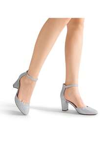 Women's Ankle Strap Closed Toe Chunky Heel Pumps Low Block Round Toe Solid Color Heels Elegant Bridal Wedding Dress Pumps Shoes - Bạc - Xem 10