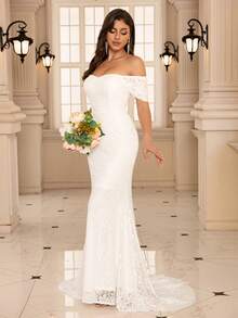 蕾丝花朵鱼尾下摆露肩婚纱，新娘 - 白色 - 查看 3