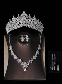 1set Women Bridal Accessories Set Including Crown, Necklace, Earrings, Bracelet And Ring, 7pcs, Suitable For Wedding Party And Other Special Occasions Tiaras Halloween - Silver - View 2