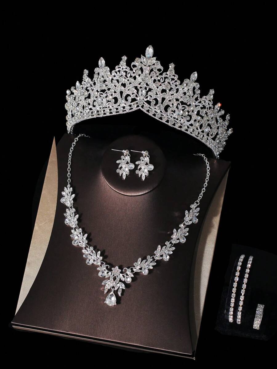 1set Women Bridal Accessories Set Including Crown, Necklace, Earrings, Bracelet And Ring, 7pcs, Suitable For Wedding Party And Other Special Occasions Tiaras Halloween - Silver - View 1