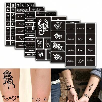 6pcs Large Hollow Tattoo Stencils, 131 Small Templates Of Floral, Animal, Scorpion, Letter, Butterfly Patterns, Personalized Temporary Waterproof Fake Tattoo Stickers For Finger, Ear, Shoulder, Neck, Collarbone, Unisex