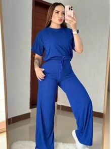 Set 2 piezas acanalado de blusa holgada con cordón en frente hombros caídos y pantalón acampanado con bolsas laterales y cordón en pretina de cintura tela fresca - Azul - Ver 4