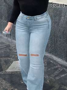 New Ripped Flare Jeans For Plus Size Women, Simple European & American Style - Light Wash - View 4
