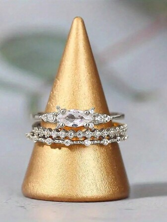 3 件 S925&925 纯银精致钻石三件套奢华优雅女士约会派对戒指周年纪念场合精致女士珠宝礼物