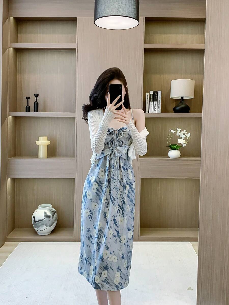 RUIWY 2pcs Spring Women Fashion Elegant Apricot Knitted Sweater & Bowknot Print Blue Dress Set - Blue - View 1