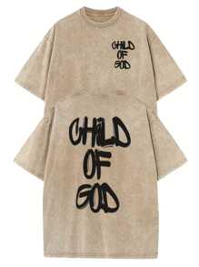 1 Piece, 230G Double-Sided Washed, Oversized Shoulder1 Piece, Washed Printed T-Shirt 230g, High-Quality Batik Cotton Retro Fashion Brand T-Shirt, A Certain Thickness Suitable For Summer T-Shirts, Holiday Gifts. - 卡其色 - 查看 1