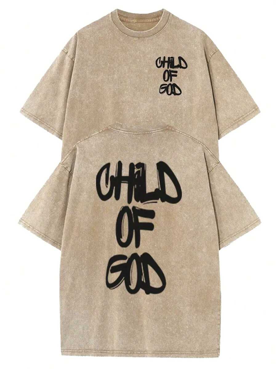1 Piece, 230G Double-Sided Washed, Oversized Shoulder1 Piece, Washed Printed T-Shirt 230g, High-Quality Batik Cotton Retro Fashion Brand T-Shirt, A Certain Thickness Suitable For Summer T-Shirts, Holiday Gifts. - 卡其色 - 查看 1