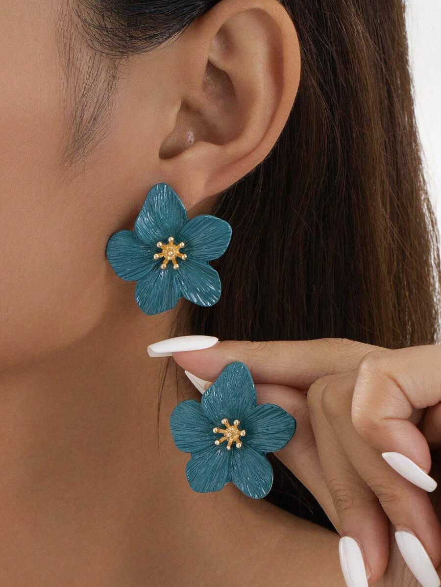 1 对优雅多彩多巴胺花形 5 瓣蓝色耳钉，女士结婚礼物 - 藍色 - 查看 1