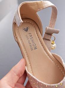 1 Pair Girls Rhinestone Sequin Princess Mary Jane Sandals, Closed Toe Soft Bottom High Heel Dance Shoes With Ankle Strap