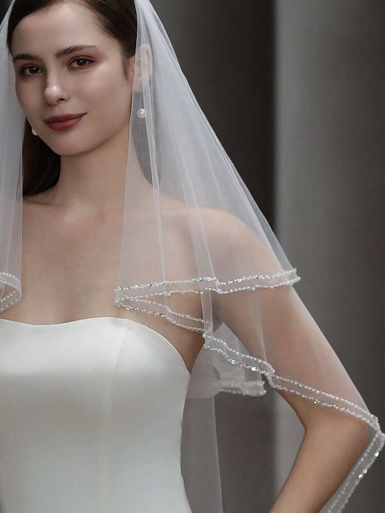 1 件优雅串珠双层新娘头饰，华丽婚礼照片配饰面纱，适合新娘秋装，女士 - 米色 - 查看 5