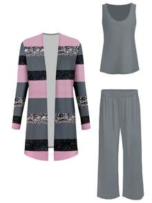 Plus Fall Clothes Three Pieces Color Blocked Printed Set Long Sleeve Cardigan & Tank Top & Long Pants Women Outfit Sets - Multicolor - View 2