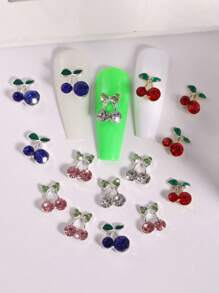 10pcs Green Leaf Cherry Nail Charms Metal Rhinestone Bowknot Nail Supplies Personalized Nail Art 3D Red And Blue Nail Gems Suitable For DIY Nail Salon And Personal Use
