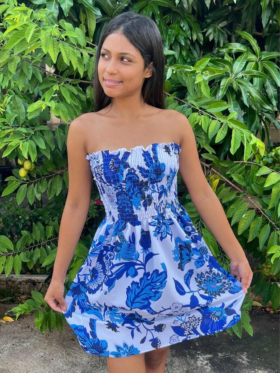 Short Strapless Dress With Elastic Gathering On The Bust - 寶藍色 - 查看 1