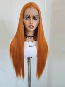 13x4 棕色自然直发合成蕾丝前假发，无胶全假发，耐热纤维，柔软直发，角色扮演，万圣节 - 臟橘色 - 查看 7
