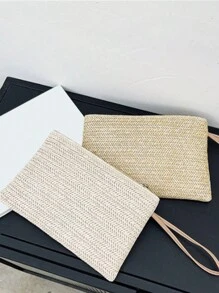 1pc Carteira feminina de tecido com tema urbano - Bolsa de mão de palha feita à mão com design trançado de grama de trigo, cor sólida, fecho de zíper, forro de poliéster, material de tecido, lavável à máquina - ideal para deslocamentos e viagens - Multicolorido - Ver 5