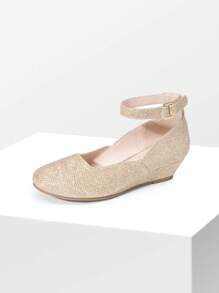 Girls Wedding Shoes | Dress Flats With Low Wedge Heel & Flower Ankle Strap For Toddler To Big Kid - Vàng - Xem 4
