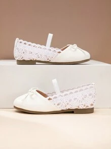 1 双女童花朵装饰公主平底帆布鞋，学生舒适芭蕾平底鞋，白色蕾丝，适合户外、舞蹈、婚礼 - 白色 - 查看 5
