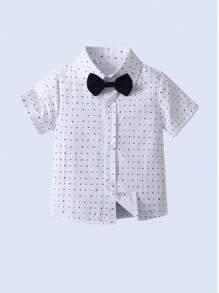BOARNSEORL 2pcs Young Boys Gentleman Outfit - Navy Blue Shorts With Suspenders And White Polka Dot Short Sleeve Shirt With Bow Tie, Fashionabantic For Birthday Party, Wedding, Anniversary Celebration - Navy Blue - View 5