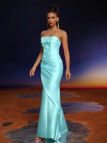 Anymoon 3D Hand Floral Ruffle Trim Mermaid Bridesmaid Dress - Mint Green - View 4