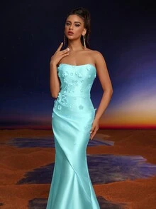 Anymoon 3D Hand Floral Ruffle Trim Mermaid Bridesmaid Dress - Mint Green - View 6