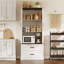 KYBOLT Kitchen Pantry Cabinet With Doors And Shelves, Freestanding Tall Kitchen Cabinet With Microwave Stand, Hutch Cabinet For Kitchen, Living Room, Bathroom, Grey - White - View 3