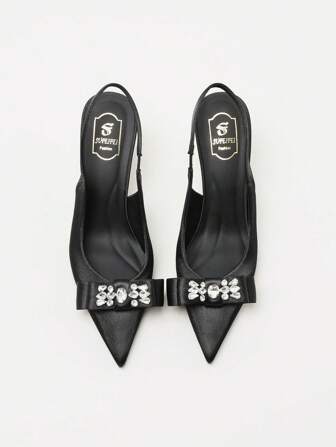 优雅尖头高跟鞋，细高跟鞋，带水钻蝴蝶结细节，纯色时尚多功能鞋，适合婚礼、派对和工作 - 四季高跟鞋，防滑鞋底