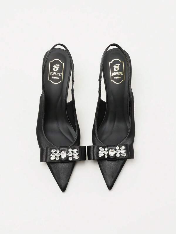 Elegante Spitzschuh High Heels, Stilettos mit Strass-Schleifen-Detail, einfarbige modische Multifunktionsschuhe geeignet für Hochzeiten, Partys und Arbeit - Ganzjahres High Heels, rutschfeste Sohle