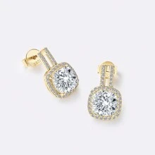 XUJIA 1 对 925 纯银垫形切割 7x7 毫米（2.0 克拉 * 2 件）莫桑石光环耳环，适合女士，优雅美丽的女士耳环，搭配美丽的晚礼服珠宝圣诞装饰，适合女朋友的生日礼物，情人节珠宝礼物，附赠 1 件莫桑石 GRA 证书 - 金黃色 - 查看 5