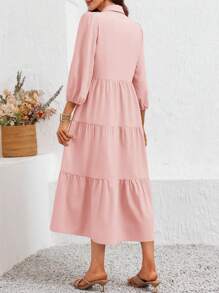2026 Popular Fall Maxi Shirt Dress V Neck Vestidos Elegantes De Mujer Button Down 3/4 Sleeve Tiered Collared Flowy Design - Pink - View 2