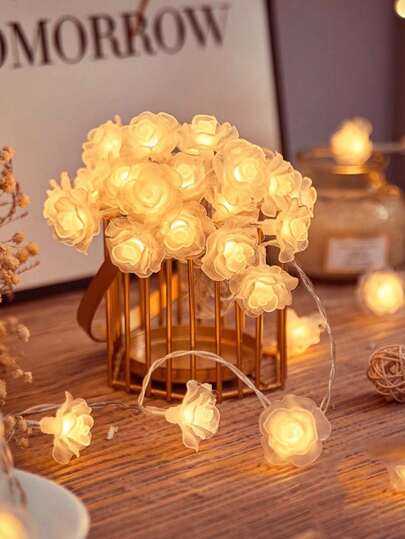 1 String 1.5/3/6m Cute Plastic Rose Fairy Lights, Battery Powered, Indoor Decorative Rose Flower Lights String, Home Decor, Room Decor, Wall Decor Flower Lights, Suitable For Wedding Decor, Valentine's Day Decor, Holiday Tabletop Decor