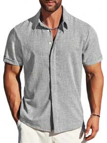 Men's Plain Casual Short Sleeve Open Front Shirt - Grey - View 1