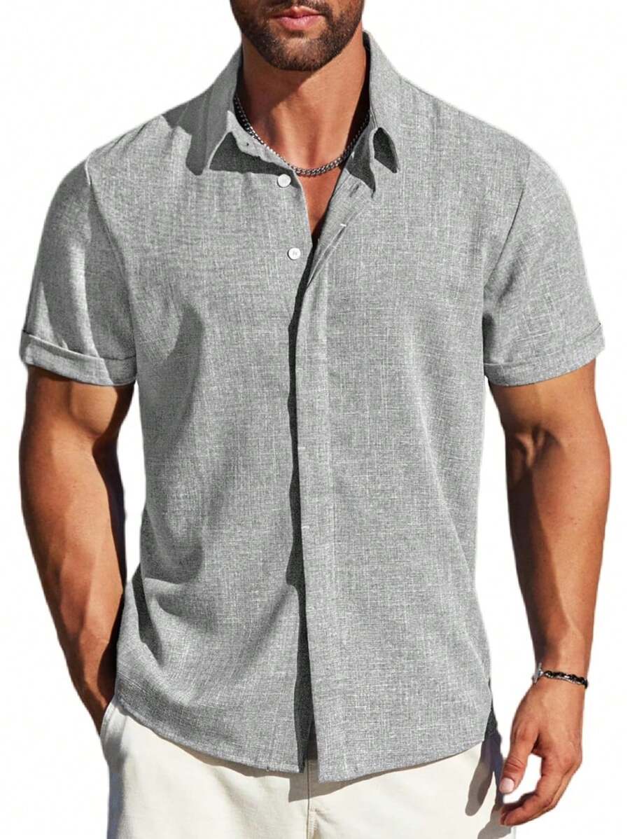 Men's Plain Casual Short Sleeve Open Front Shirt - Grey - View 1