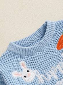 Baby Easter Sweaters Long Sleeve Round Neck Bunny Carrot Embroidery Pullover Toddler Jumper Tops - Blue - View 7