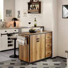 SoBuy KNL02-PF, Design Bar Cabinet On Wheels, Kitchen Storage Trolley Kitchen Island Kitchen Cabinet Sideboard Vintage Brown - Brown - View 4