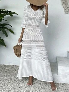 优雅女士时尚休闲V领长袖针织连衣裙，纯白色夏季海滩度假风，简约复古硬币设计，修身镂空剪裁，随机印花图案，适合返校季、秋冬季女装，圣诞节、感恩节和新年长款派对礼服 - 白色 - 查看 7