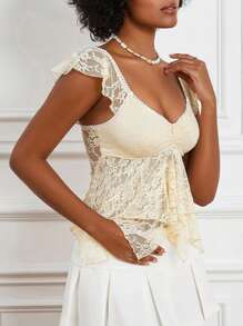 Women Summer Crop Tanks Flying Sleeve V Neck Lace Double Layered Lotus Edge Tops - Yellow - View 8