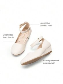 Girls Wedding Shoes | Dress Flats With Low Wedge Heel & Flower Ankle Strap For Toddler To Big Kid - Màu be - Xem 6