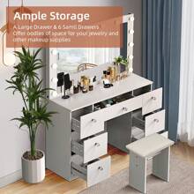 VOWNER 44" Vanity Desk Set With Power Outlet, Makeup Vanity Table With 14 Bulbs Mirror 3 Color & Brightness Adjustable 7 Drawers For Storage, For Girls Women, Halloween & Thanksgiving - 白色-44"W - 查看 3