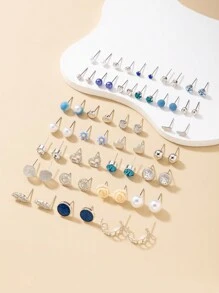 1 Bộ 30 Đôi Hoa Tai Đính Đá Trái Tim Xanh & Ngôi Sao Ngọc Trai Cho Nữ - Bạc - Xem 3