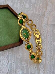 1 pieza Nuevo reloj de lujo de mujer elegante y vintage con incrustaciones de perlas y rhinestones. Esfera ovalada de nácar, resistente al agua 30m, adecuado para uso diario, fiestas, vacaciones, etc.