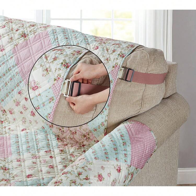 Pink And Green Patchwork Couch Cover, Quilted Large Sofa Slipcover, 70 Width, Slip Resistant Furniture Protector, 2 Strap, Washable Dog-Friendly Couch Cover, Design - 藍米色 - 查看 10