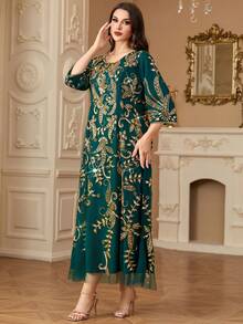 Women's Elegant 3/4 Sleeve Solid Color Sequin & Beaded Embroidery Arabic Style Dress,Modest - Dark Green - View 4