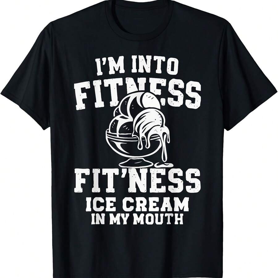 Camiseta con meme de comida con helado en la boca que dice "Me gusta el fitness" - Negro - Ver 1