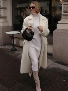 Women's Casual Woollen Cloth Solid Long Coat Spring Autumn Winter Long Jacket Warmth Tops Overcoat - White - View 3